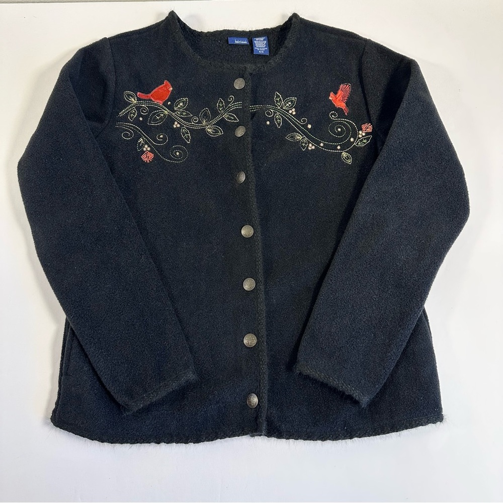 Basic Editions‎ Small Black Fleece Cardigan Sweater Cardinals  Winter Holiday